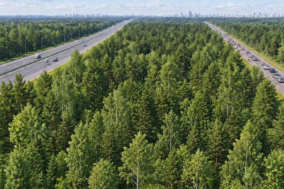 Трассы М-11 и Ленинградское шоссе среди подмосковного леса